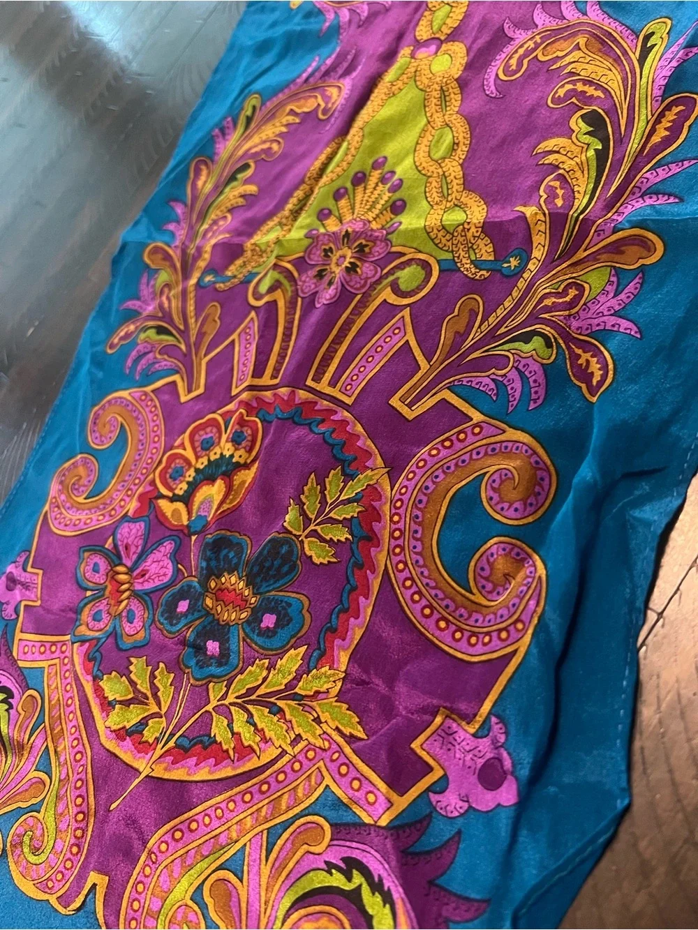 Oscar de la Renta Teal, Magenta & Yellow Silk Scarf